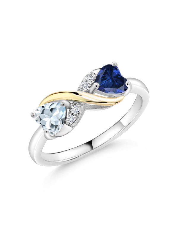 925 Silver and 10K Yellow Gold Sky Blue Aquamarine Blue Created Sapphire & Lab Grown Diamond Ring for Women | 0.96 Cttw | Gemstone Birthstone | Ring Size 5-9