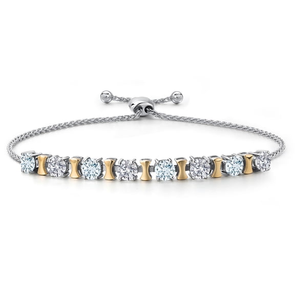 Gem Stone King 925 Silver and 10K Yellow Gold Sky Blue Aquamarine and Lab Grown Diamond Bracelet for Women | 2.08 Cttw | Gemstone March Birthstone | Round 4MM | Adjustable up to 9 inch