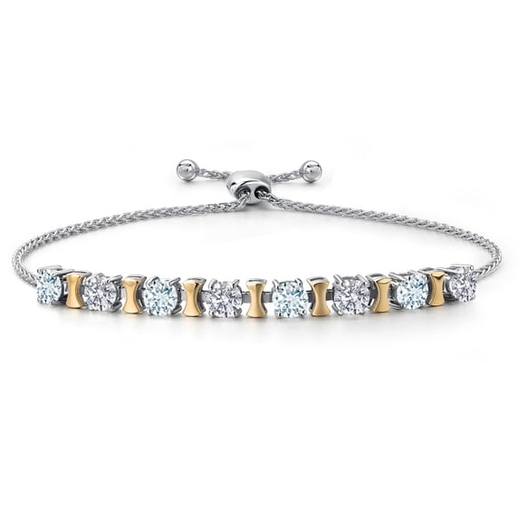 Gem Stone King 925 Silver and 10K Yellow Gold Sky Blue Aquamarine and Lab Grown Diamond Bracelet for Women | 2.08 Cttw | Gemstone March Birthstone | Round 4MM | Adjustable up to 9 inch