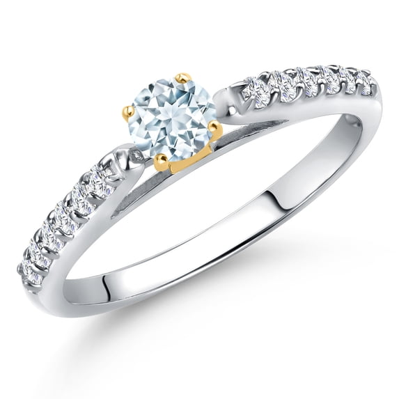 Gem Stone King 925 Silver and 10K Yellow Gold Sky Blue Aquamarine and Lab Grown Diamond Engagement Ring for Women | 0.35 Cttw | Round 3.5MM | Gemstone March Birthstone | Size 7