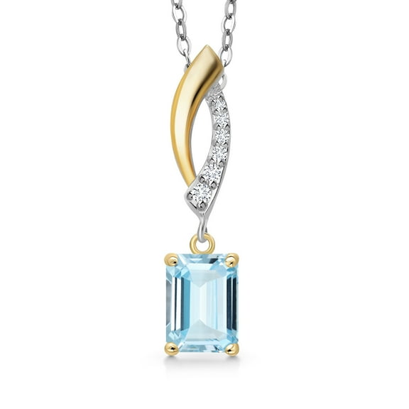 Gem Stone King 925 Silver and 10K Yellow Gold Sky Blue Aquamarine and Lab Grown Diamond Pendant Necklace for Women | 0.83 Cttw | Gemstone March Birthstone | Octagon 7X5MM | With 18 inch Chain