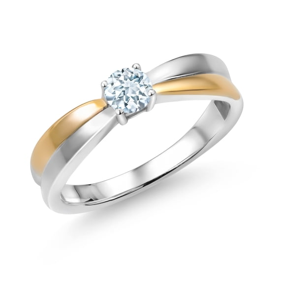 Gem Stone King 925 Silver and 10K Yellow Gold Sky Blue Aquamarine Solitaire Engagement Ring for Women (0.25 Cttw, Round 4MM, Gemstone Birthstone, Available in Size 5, 6, 7, 8, 9)