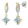 thumbnail image 1 of Gem Stone King 925 Silver and 10K Yellow Gold Sky Blue Aquamarine and White Lab Grown Diamond Dangle Earrings for Women | 1.05 Cttw | Gemstone March Birthstone | Princess 5MM, 1 of 6