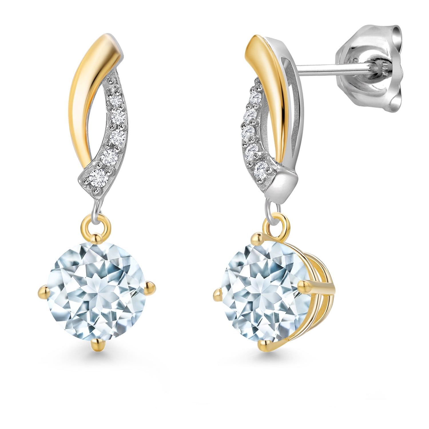 Gem Stone King 925 Silver and 10K Yellow Gold Sky Blue Aquamarine and White Lab Grown Diamond Dangle Earrings for Women | 1.55 Cttw | Gemstone March Birthstone | Round 6MM