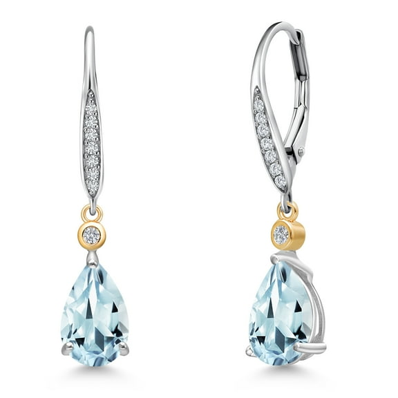 Gem Stone King 925 Silver and 10K Yellow Gold Sky Blue Aquamarine and White Lab Grown Diamond Dangle Earrings for Women | 2.32 Cttw | Gemstone March Birthstone | Pear Shape 9X6MM