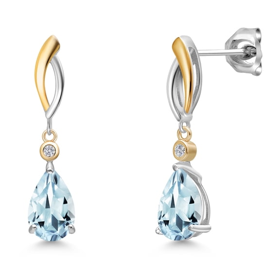 Gem Stone King 925 Silver and 10K Yellow Gold Sky Blue Aquamarine and White Lab Grown Diamond Earrings for Women | 2.32 Cttw | Gemstone March Birthstone | Pear Shape 9X6MM