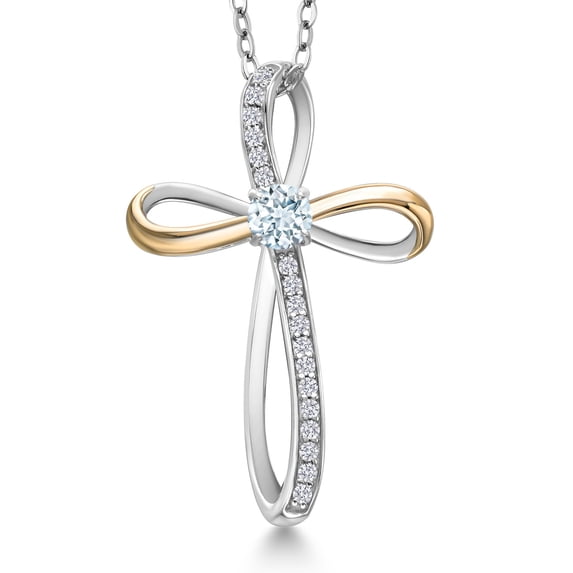 Gem Stone King 925 Silver and 10K Yellow Gold Sky Blue Aquamarine and White Lab Grown Diamond Pendant Necklace for Women | 0.38 Cttw | Gemstone March Birthstone | Round 4MM | With 18 inch Chain