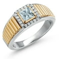 thumbnail image 1 of Gem Stone King 925 Silver and 10K Yellow Gold Sky Blue Aquamarine and White Lab Grown Diamond Statement Ring for Men | 0.66 Cttw | Princess 5MM | Gemstone March Birthstone | Size 10, 1 of 5