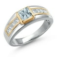 thumbnail image 1 of Gem Stone King 925 Silver and 10K Yellow Gold Sky Blue Aquamarine and White Lab Grown Diamond Statement Ring for Men | 0.95 Cttw | Princess 5MM | Gemstone March Birthstone | Size 9, 1 of 5