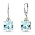 thumbnail image 1 of Gem Stone King 925 Silver and 10K Yellow Gold Sky Blue Simulated Aquamarine and Moissanite and Lab Grown Diamond Dangle Earrings for Women | 12.46 Cttw | Gemstone March Birthstone | Cushion 12MM, 1 of 6