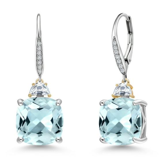 Gem Stone King 925 Silver and 10K Yellow Gold Sky Blue Simulated Aquamarine and Moissanite and Lab Grown Diamond Dangle Earrings for Women | 12.46 Cttw | Gemstone March Birthstone | Cushion 12MM
