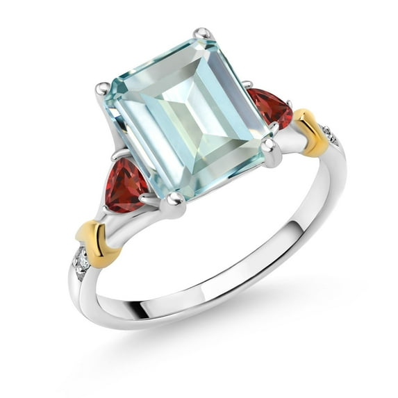 Gem Stone King 925 Silver and 10K Yellow Gold Sky Blue Simulated Aquamarine and Red Garnet and Diamond Engagement Ring for Women (4.65 Cttw, Emerald Cut 10X8MM, Trillion 3.5MM, Size 8)