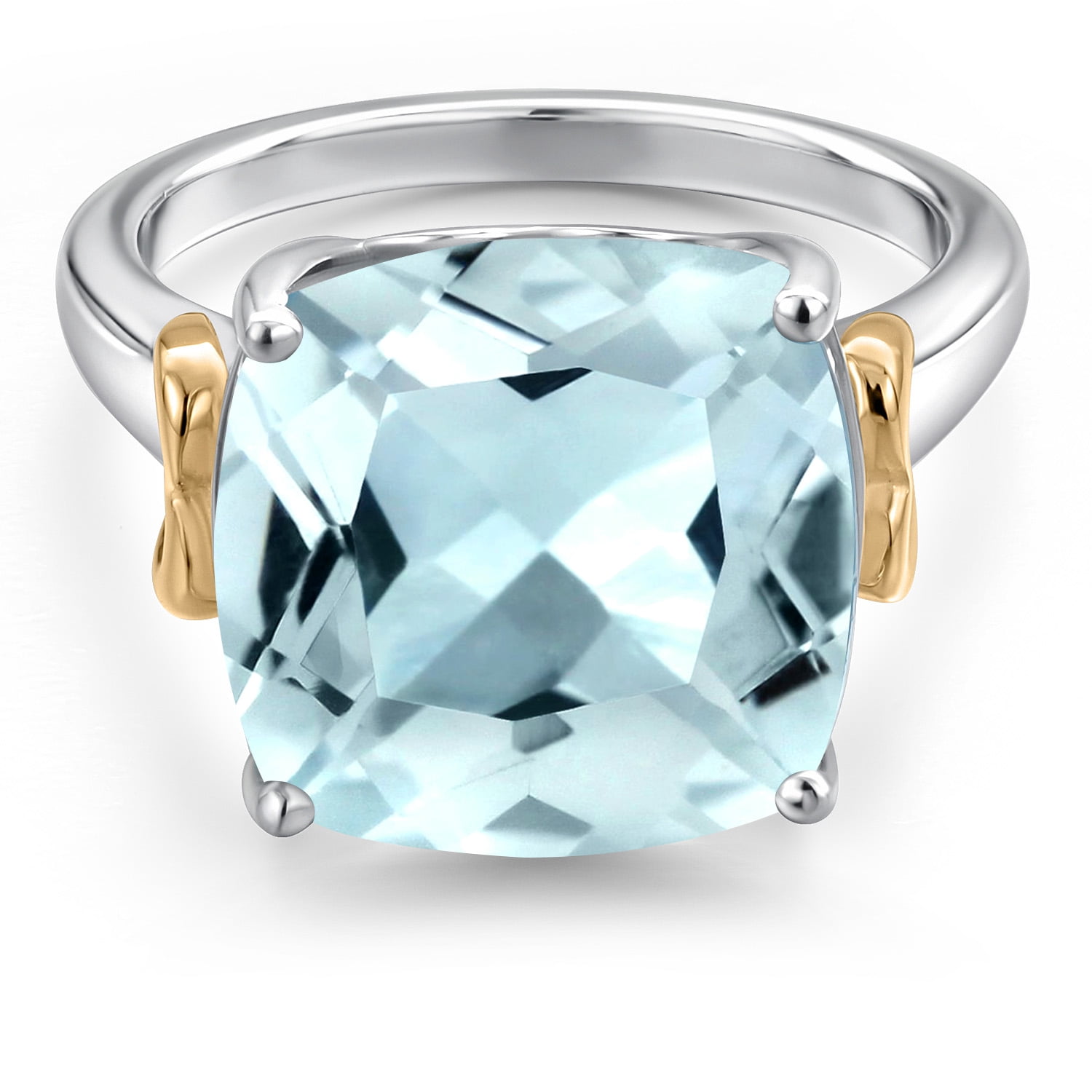 Gem Stone King 925 Silver and 10K Yellow Gold Sky Blue Simulated Aquamarine Solitaire Engagement Ring for Women | 6.00 Cttw | Cushion 12MM | Gemstone March Birthstone | Size 5