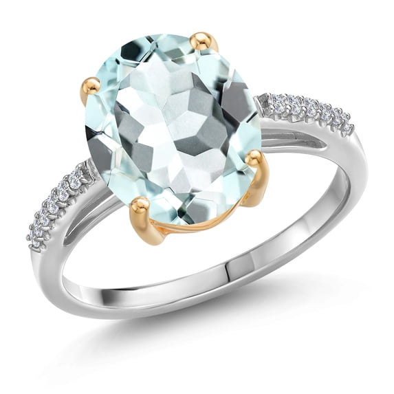 Gem Stone King 925 Silver and 10K Yellow Gold Sky Blue Simulated Aquamarine and White Lab Grown Diamond Engagement Ring for Women | 4.08 Cttw | Oval 12X10MM | Gemstone March Birthstone | Size 5