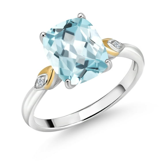 Gem Stone King 925 Silver and 10K Yellow Gold Sky Blue Simulated Aquamarine and White Moissanite Engagement Ring for Women | 2.72 Cttw | Cushion 10X8MM | Gemstone March Birthstone | Size 9