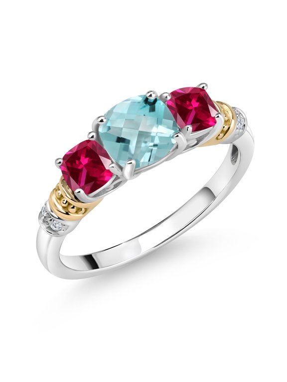 Sky Blue Topaz and Red Created Ruby and Diamond 3-Stone Ring for Women | 925 Silver and 10K Yellow Gold | 1.86 Cttw | November Birthstone | Cushion Checkerboard 6MM and 4MM | Size 6