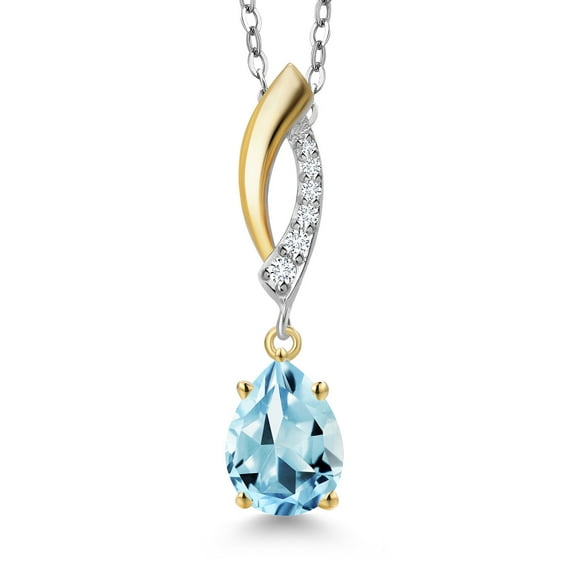Gem Stone King 925 Silver and 10K Yellow Gold Sky Blue Topaz and White Lab Grown Diamond Pendant Necklace for Women | 1.35 Cttw | Gemstone November Birthstone | Pear Shape 8X6MM | With 18 inch Chain