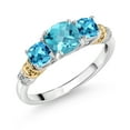 thumbnail image 1 of Gem Stone King 925 Silver and 10K Yellow Gold Swiss Blue Topaz and Diamond 3-Stone Ring for Women (1.87 Cttw, Gemstone November Birthstone, Cushion Checkerboard 6MM and 4MM, Size 7), 1 of 3