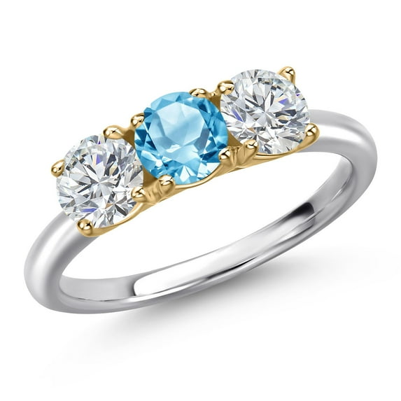Gem Stone King 925 Silver and 10K Yellow Gold Swiss Blue Topaz and Lab Grown Diamond Engagement Ring for Women | 1.65 Cttw | Round 5MM | Gemstone November Birthstone | Size 5