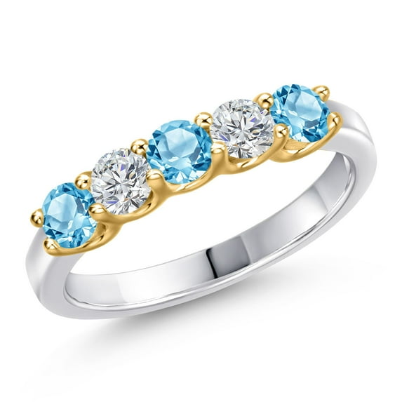 Gem Stone King 925 Silver and 10K Yellow Gold Swiss Blue Topaz and Lab Grown Diamond Wedding-Bands Ring for Women | 0.94 Cttw | Round 3.5MM | Gemstone November Birthstone | Size 8