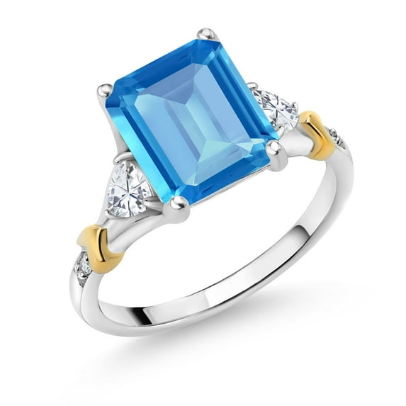 Gem Stone King 925 Silver and 10K Yellow Gold Swiss Blue Topaz and Moissanite and Diamond Engagement Ring for Women (4.34 Cttw, Emerald Cut 10X8MM, Trillion 3.5MM, Size 7)