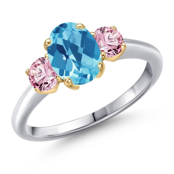 Gem Stone King 925 Silver and 10K Yellow Gold Swiss Blue Topaz and Pink Lab Grown Diamond Engagement Ring for Women | 1.80 Cttw | Oval Checkerboard 8X6MM | Gemstone November Birthstone | Size 7
