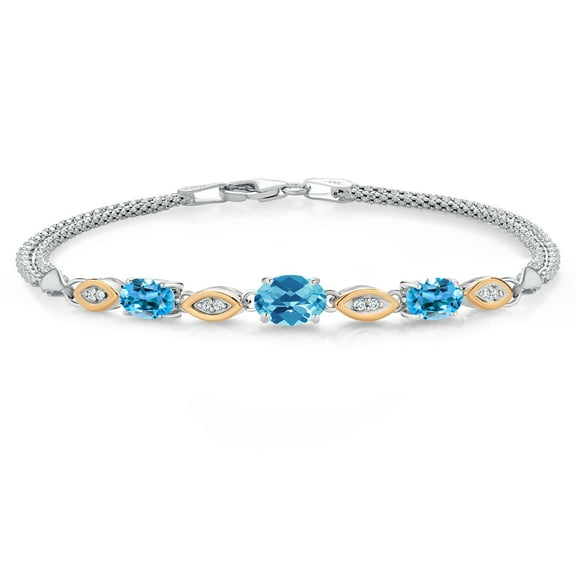 Gem Stone King 925 Silver and 10K Yellow Gold Swiss Blue Topaz and White Lab Grown Diamond Bracelet for Women (2.16 Cttw, Gemstone November Birthstone, Oval Checkerboard, Wheat Chain, 7.5 inches)