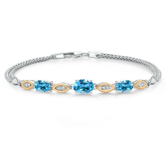 Gem Stone King 925 Silver and 10K Yellow Gold Swiss Blue Topaz and White Lab Grown Diamond Bracelet for Women (2.16 Cttw, Gemstone November Birthstone, Oval, Wheat Chain, 7 inches)