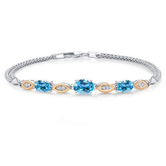 Gem Stone King 925 Silver and 10K Yellow Gold Swiss Blue Topaz and White Lab Grown Diamond Bracelet for Women (2.16 Cttw, Gemstone November Birthstone, Oval, Wheat Chain, 7.5 inches)