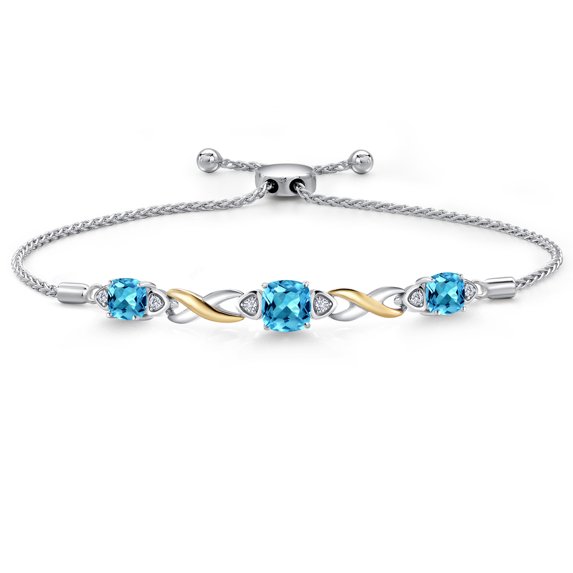 Gem Stone King 925 Silver and 10K Yellow Gold Swiss Blue Topaz and White Lab Grown Diamond Bracelet for Women | 2.54 Cttw | Gemstone November Birthstone | Cushion 6MM | Fully Adjustable 9 inch