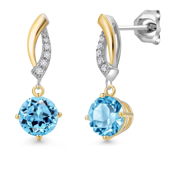 Gem Stone King 925 Silver and 10K Yellow Gold Swiss Blue Topaz and White Lab Grown Diamond Dangle Earrings for Women | 2.05 Cttw | Gemstone November Birthstone | Round 6MM