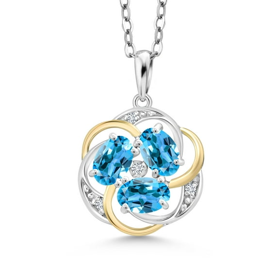 Gem Stone King 925 Silver and 10K Yellow Gold Swiss Blue Topaz and White Lab Grown Diamond Pendant Necklace for Women | 1.69 Cttw | Gemstone November Birthstone | Oval 6X4MM | With 18 inch Chain