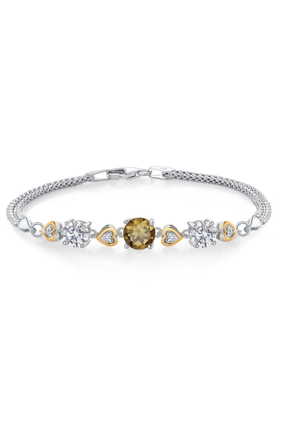 925 Silver and 10K Yellow Gold Whiskey Quartz and Lab Grown Diamond Bracelet for Women | 2.81 Cttw | Gemstone Birthstone | Round 7MM & 6MM | Size 7.5 inch | Made in Italy