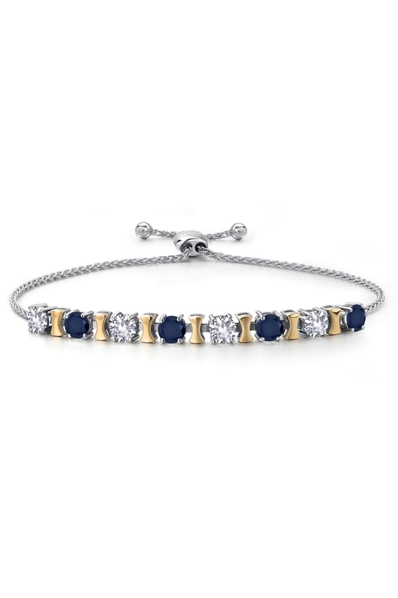 925 Silver and 10K Yellow Gold White Created Sapphire and Blue Sapphire Bracelet for Women | 2.40 Cttw | Gemstone September Birthstone | Round 4MM | Adjustable up to 9 inch