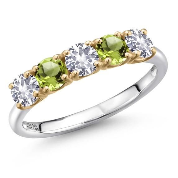 Gem Stone King 925 Silver and 10K Yellow Gold White Created Sapphire and Green Peridot Wedding-Bands Ring for Women | 1.35 Cttw | Round 4MM | Gemstone September Birthstone | Size 7