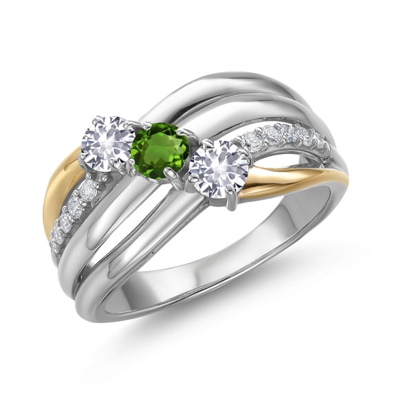 Gem Stone King 925 Silver and 10K Yellow Gold White Created Sapphire and Green Tourmaline and Lab Grown Diamond Engagement Ring for Women | 0.90 Cttw | Round 4MM | September Birthstone | Size 6