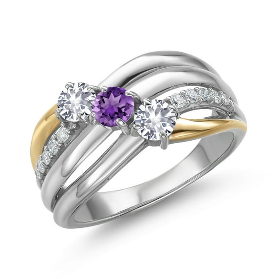 Gem Stone King 925 Silver and 10K Yellow Gold White Created Sapphire and Purple Amethyst and Lab Grown Diamond Engagement Ring for Women | 0.90 Cttw | Round 4MM | September Birthstone | Size 6