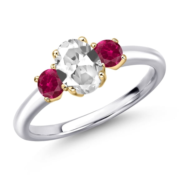 Gem Stone King 925 Silver and 10K Yellow Gold White Created Sapphire and Red Created Ruby Engagement Ring for Women | 1.50 Cttw | Oval 7X5MM | Gemstone September Birthstone | Size 6