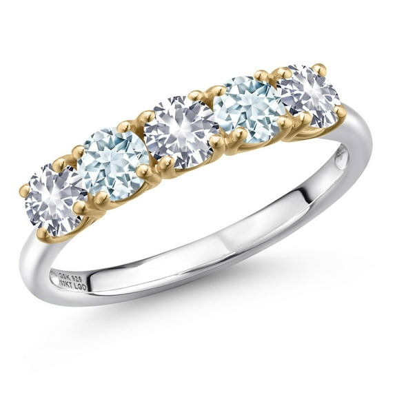 Gem Stone King 925 Silver and 10K Yellow Gold White Created Sapphire and Sky Blue Aquamarine Wedding-Bands Ring for Women | 1.25 Cttw | Round 4MM | Gemstone September Birthstone | Size 7