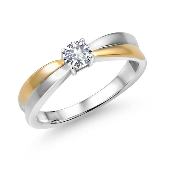 Gem Stone King 925 Silver and 10K Yellow Gold White Created Sapphire Solitaire Engagement Ring for Women (0.25 Cttw, Round 4MM, Gemstone Birthstone, Available in Size 5, 6, 7, 8, 9)