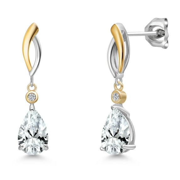 Gem Stone King 925 Silver and 10K Yellow Gold White Created Sapphire and White Lab Grown Diamond Earrings for Women | 3.18 Cttw | Gemstone September Birthstone | Pear Shape 9X6MM