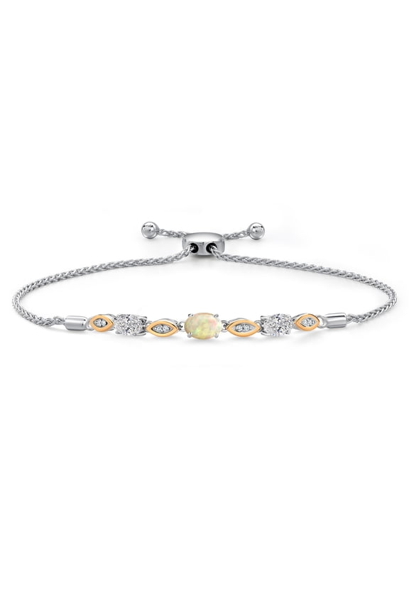 925 Silver and 10K Yellow Gold White Ethiopian Opal and Lab Grown Diamond Bracelet for Women | 1.37 Cttw | Gemstone October Birthstone | Oval Cabochon 7X5MM | Fully Adjustable 9 inch