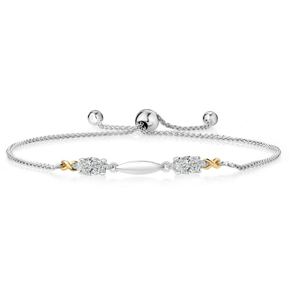 Gem Stone King 925 Silver and 10K Yellow Gold White Lab Grown Diamond Bracelet for Women | 0.84 Cttw | Gemstone April Birthstone | Oval 6X4MM | Fully Adjustable 9 inch