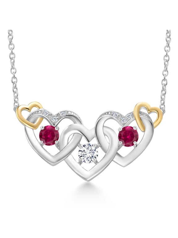 925 Silver and 10K Yellow Gold White Lab Grown Diamond and Red Created Ruby Heart Shape Pendant Necklace for Women (0.83 Cttw, with 18 inch Chain)