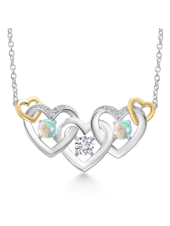 925 Silver and 10K Yellow Gold White Lab Grown Diamond and White Opal Heart Shape Pendant Necklace for Women (0.83 Cttw, with 18 inch Chain)