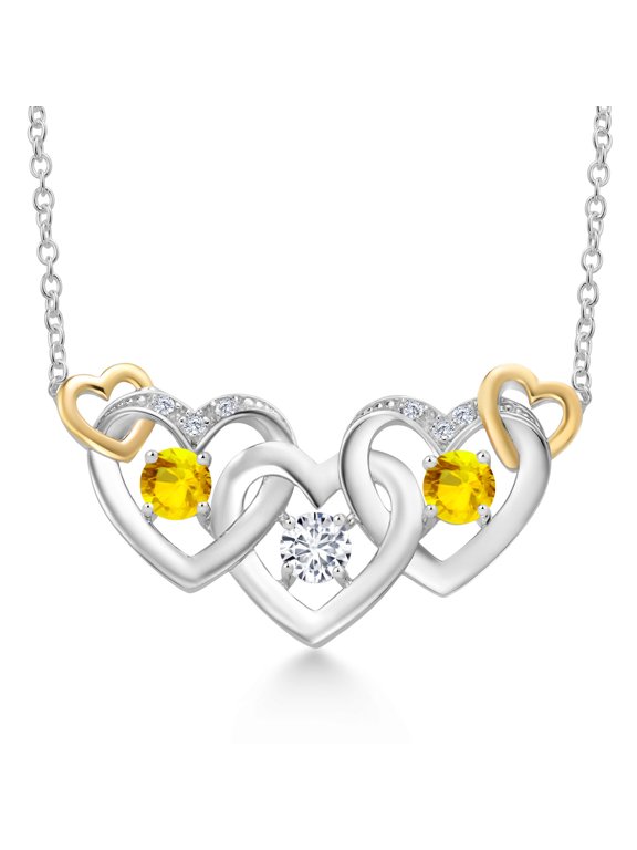 925 Silver and 10K Yellow Gold White Lab Grown Diamond and Yellow Sapphire Heart Shape Pendant Necklace for Women (1.05 Cttw, with 18 inch Chain)
