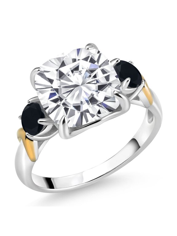925 Silver and 10K Yellow Gold White Moissanite and Black Onyx 3 Stone Ring for Women (5.44 Cttw, Gemstone Birthstone, Cushion 10MM, Round 4MM, Size 9)