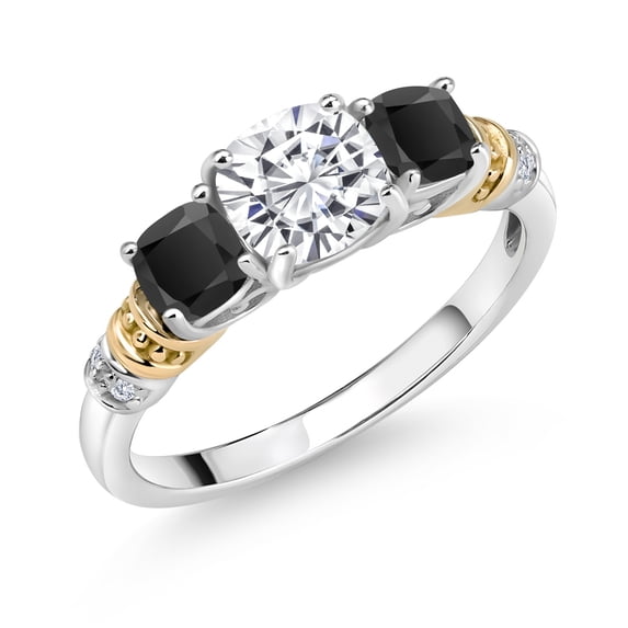 Gem Stone King 925 Silver and 10K Yellow Gold White Moissanite and Black Onyx and Diamond 3-Stone Ring for Women (1.69 Cttw, Gemstone Birthstone, Cushion 6MM and 4MM, Size 9)