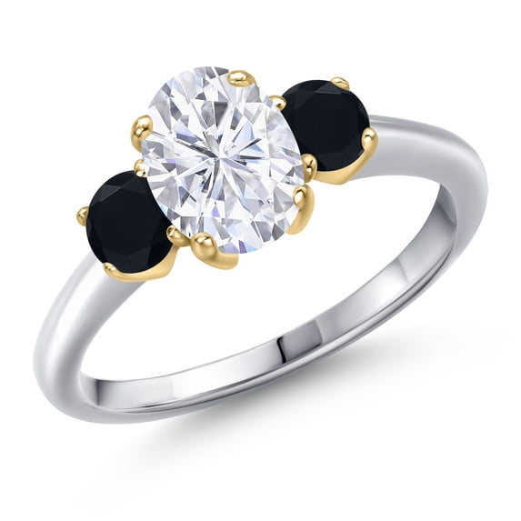 Gem Stone King 925 Silver and 10K Yellow Gold White Moissanite and Black Onyx Engagement Ring for Women | 1.94 Cttw | Oval 8X6MM | Gemstone Birthstone | Size 7