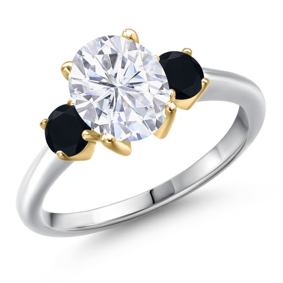 Gem Stone King 925 Silver and 10K Yellow Gold White Moissanite and Black Onyx Engagement Ring for Women | 2.54 Cttw | Oval 9X7MM | Gemstone Birthstone | Size 6